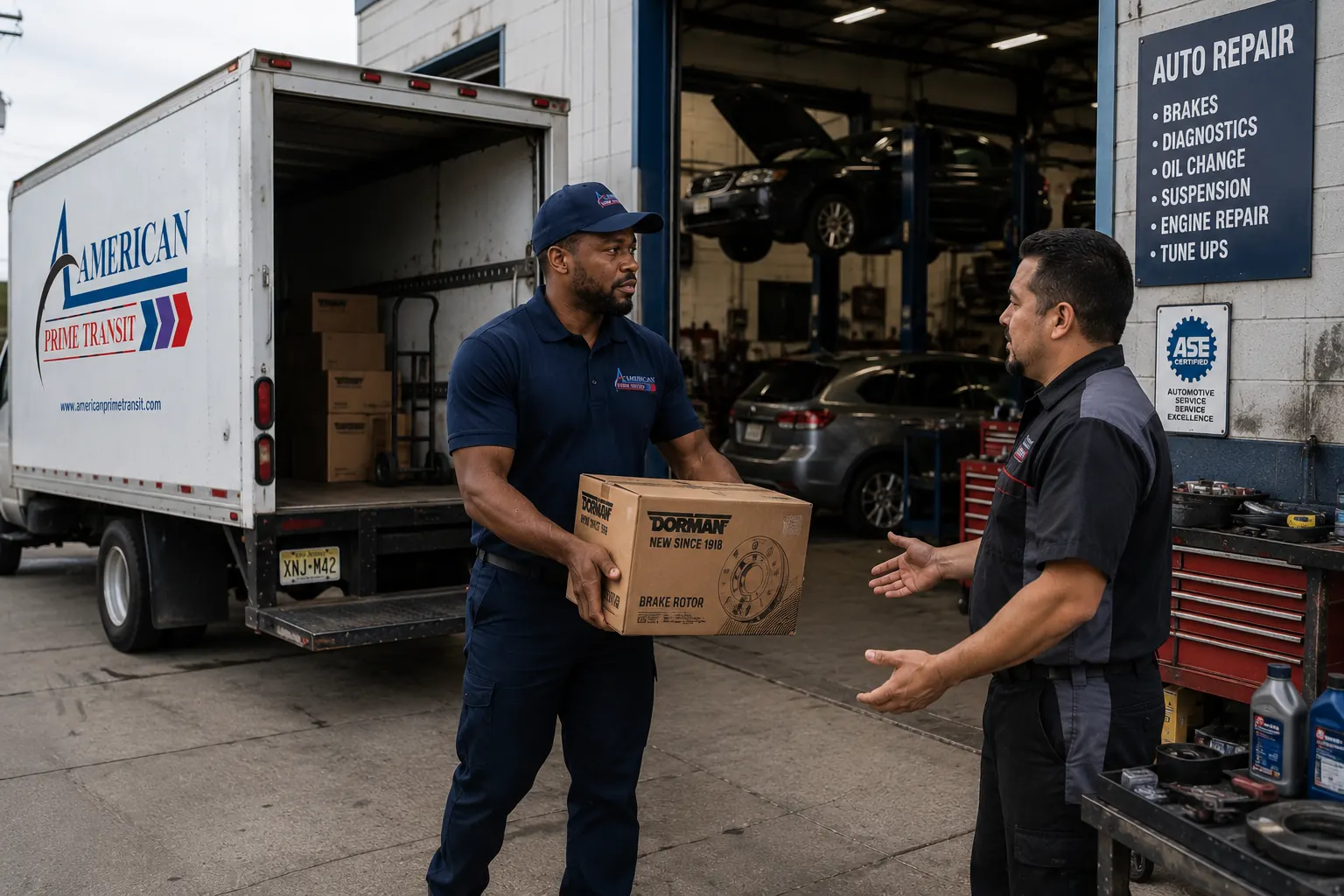 A courier handing a boxed brake rotor to a mechanic outside an ASE-certified auto repair shop
