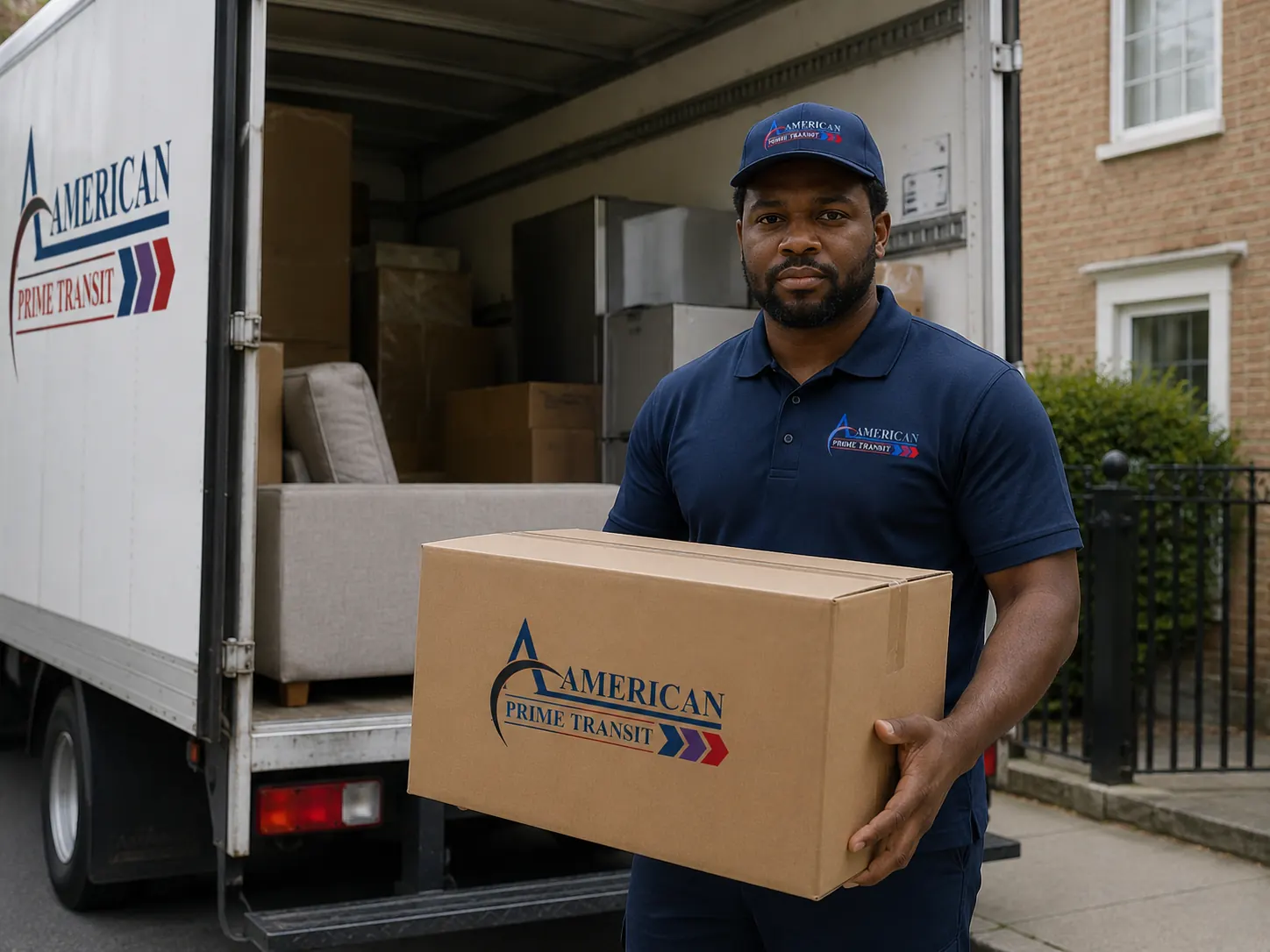 A courier carrying an American Prime Transit box in front of a loaded box truck containing furniture and appliances