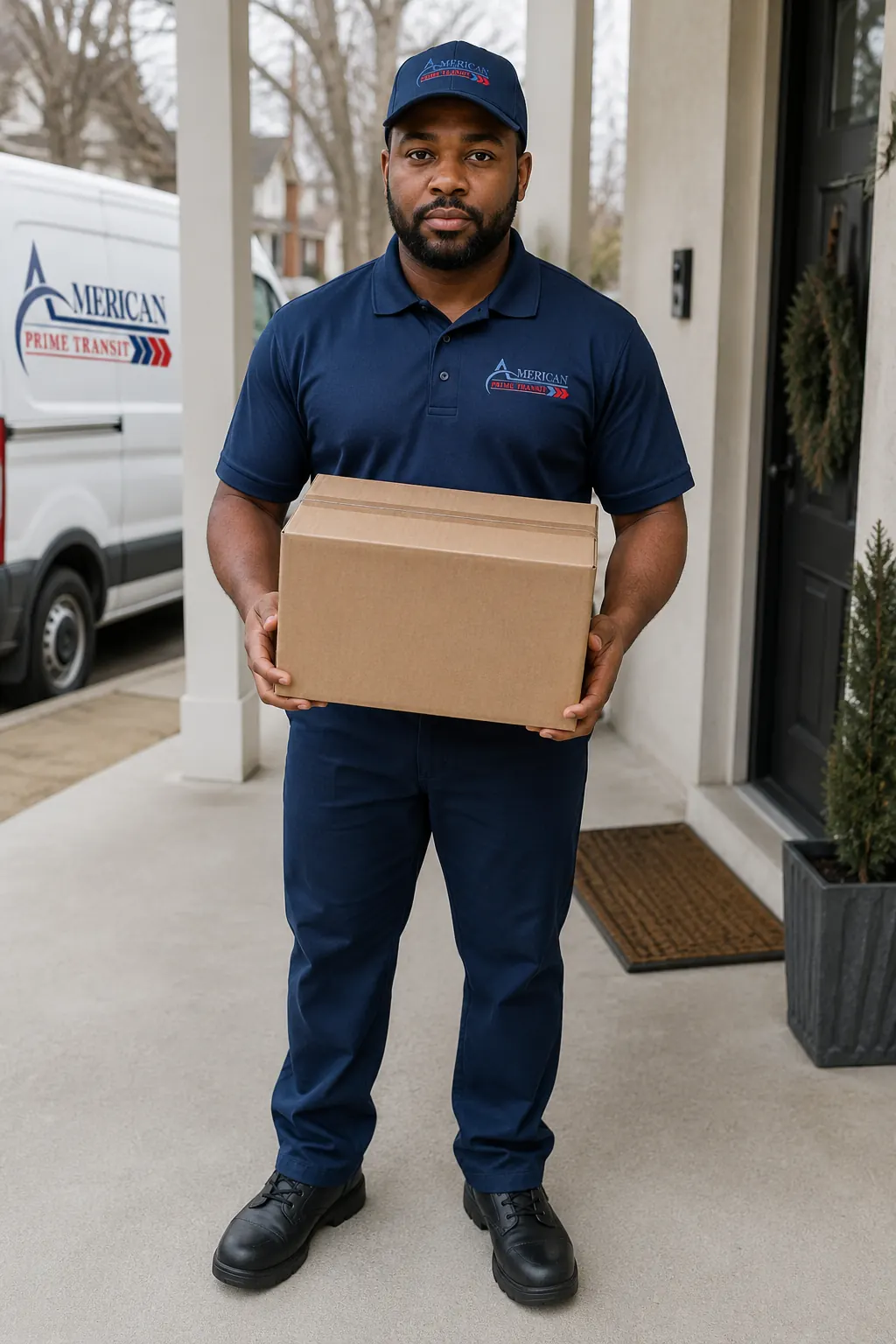 An American Prime Transit courier carrying a parcel to a residential front door, delivery van parked behind