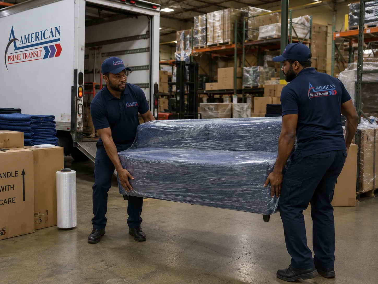 Two crew members lifting a shrink-wrapped sofa inside a warehouse, packing materials stacked nearby