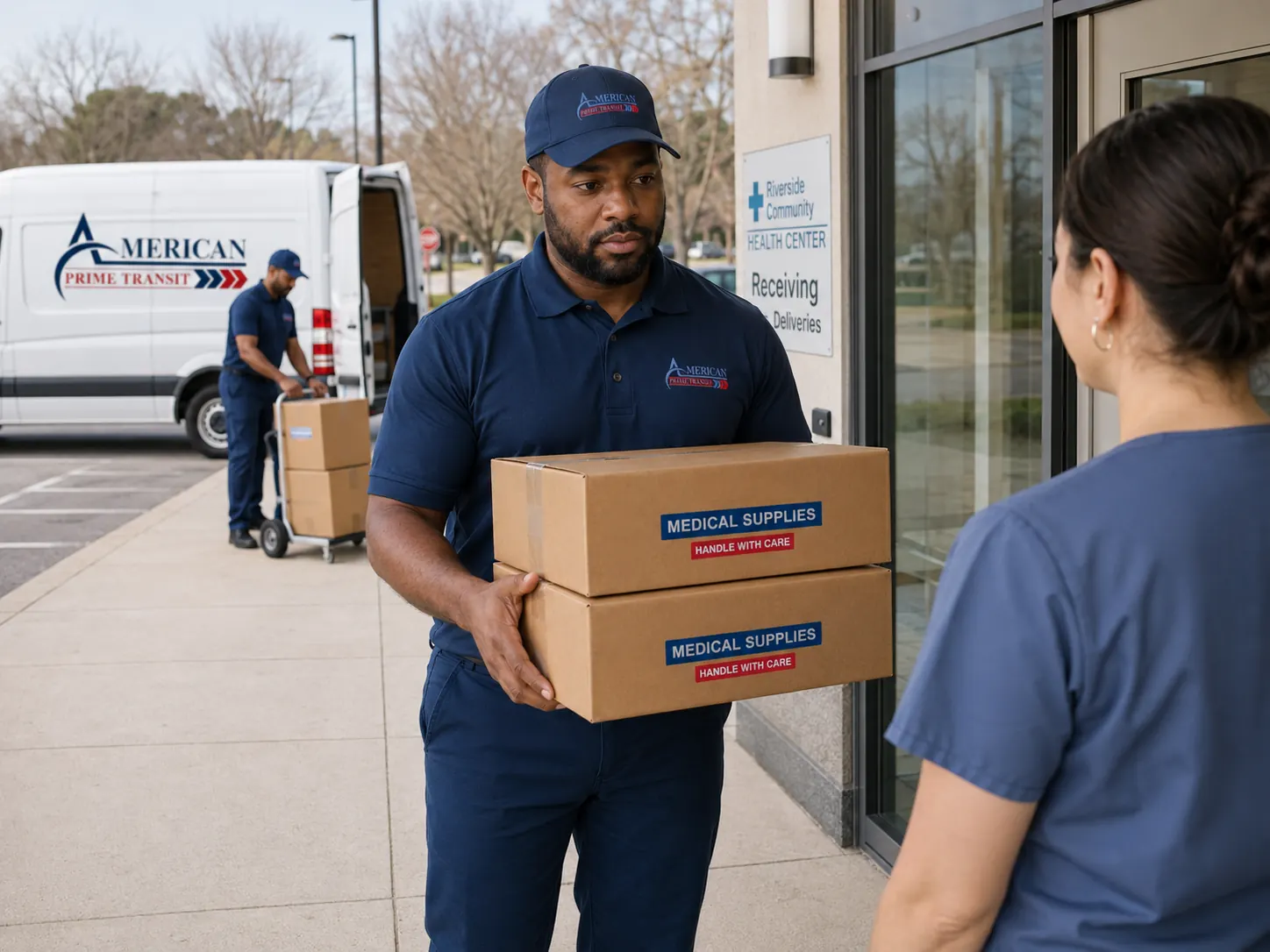 A courier delivering boxes marked Medical Supplies to a receiving clerk at a community health centre