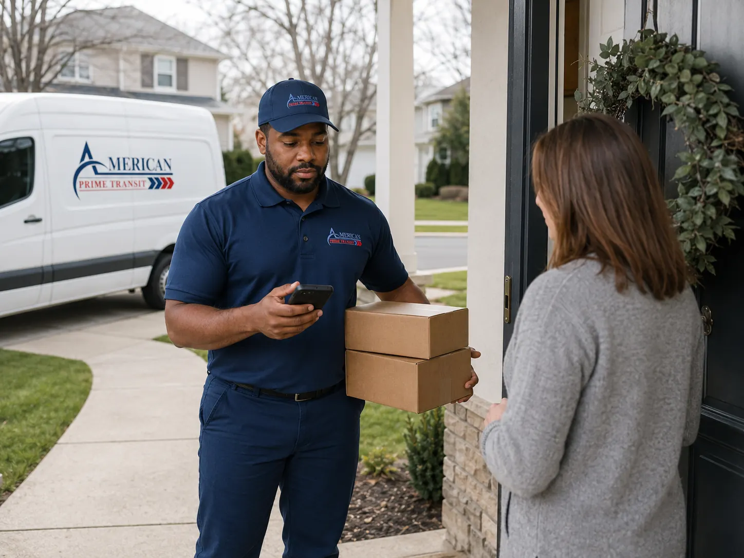 An American Prime Transit driver handing two parcels to a customer at her door and confirming the delivery on his phone