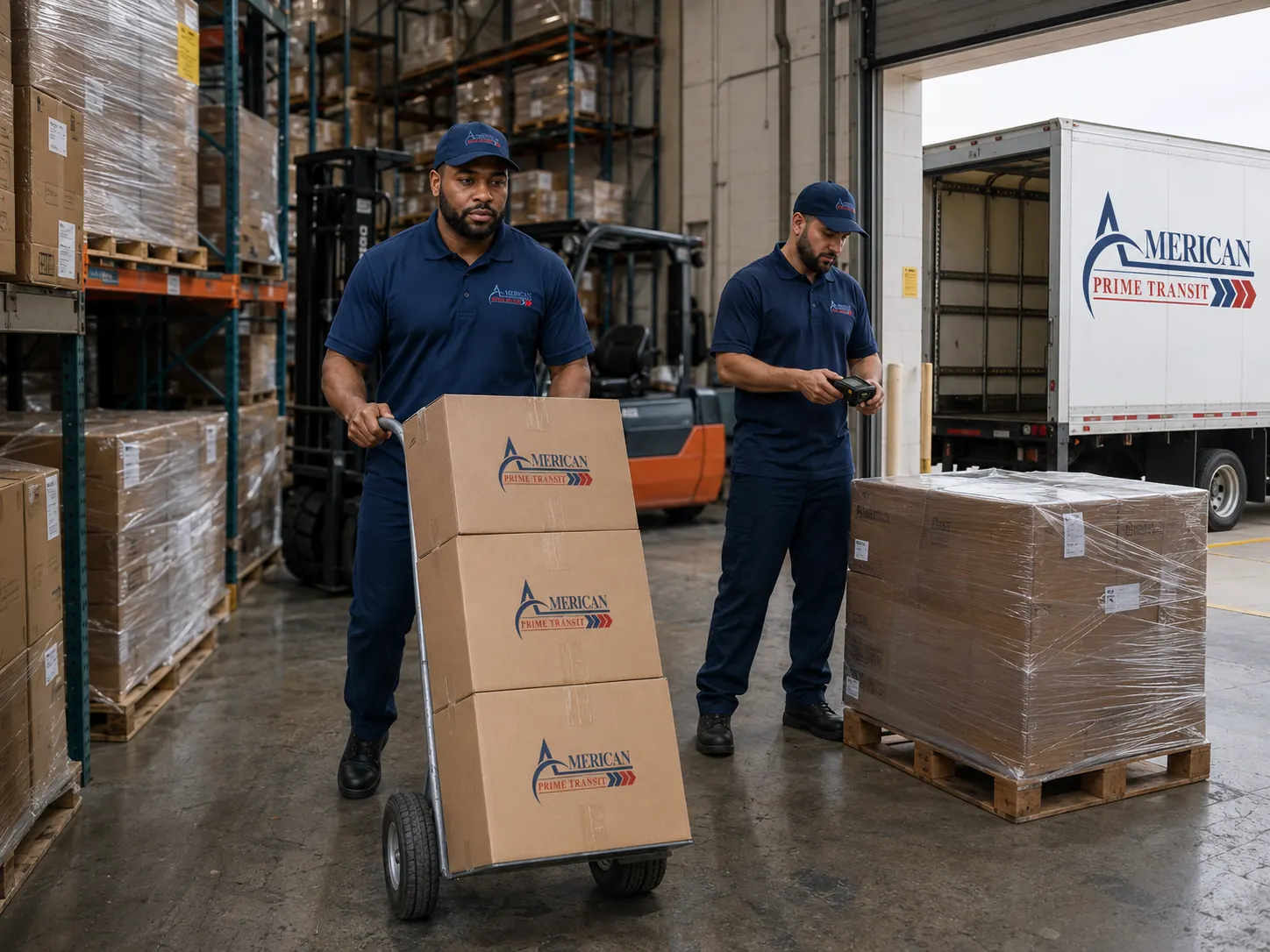 Two American Prime Transit staff loading boxes and a shrink-wrapped pallet into a box truck at a warehouse dock