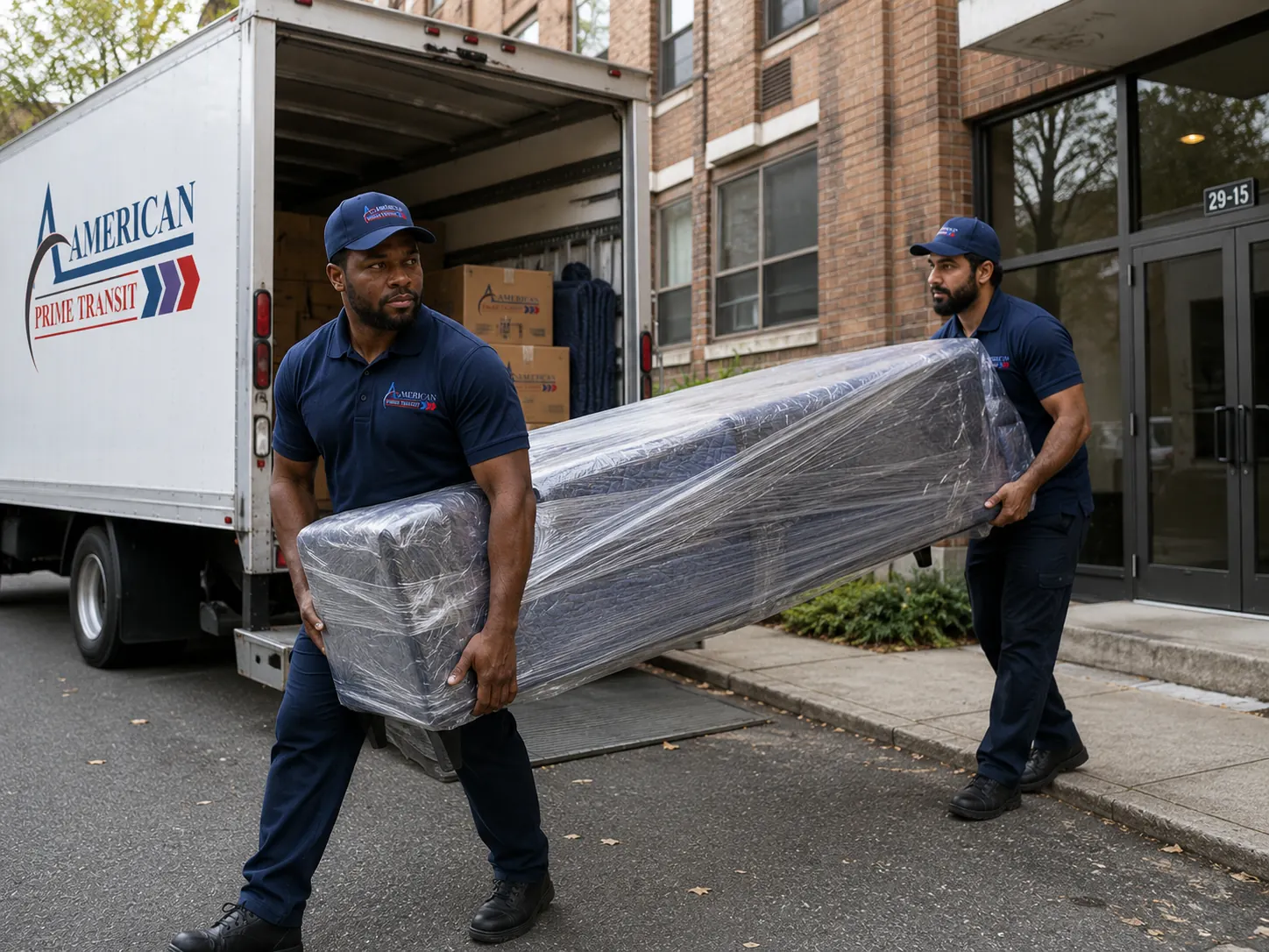 Two American Prime Transit crew members carrying a wrapped sofa from a box truck into an apartment building